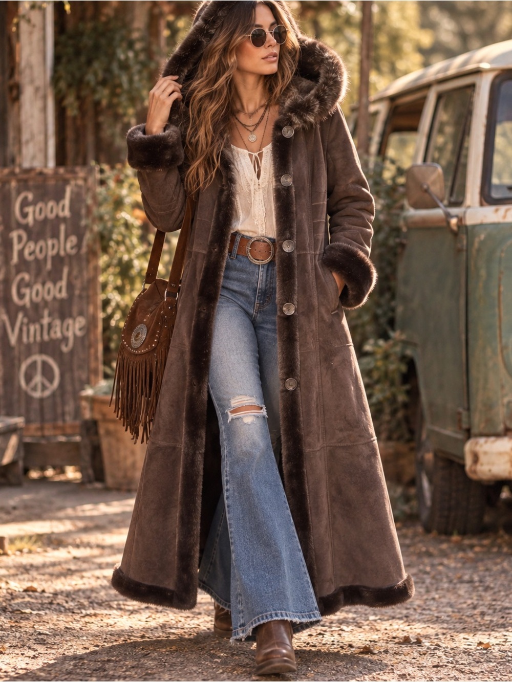 BGSD Women’s L Brown Faux Suede Faux Fur Hooded Long Maxi Coat Winter Y2K